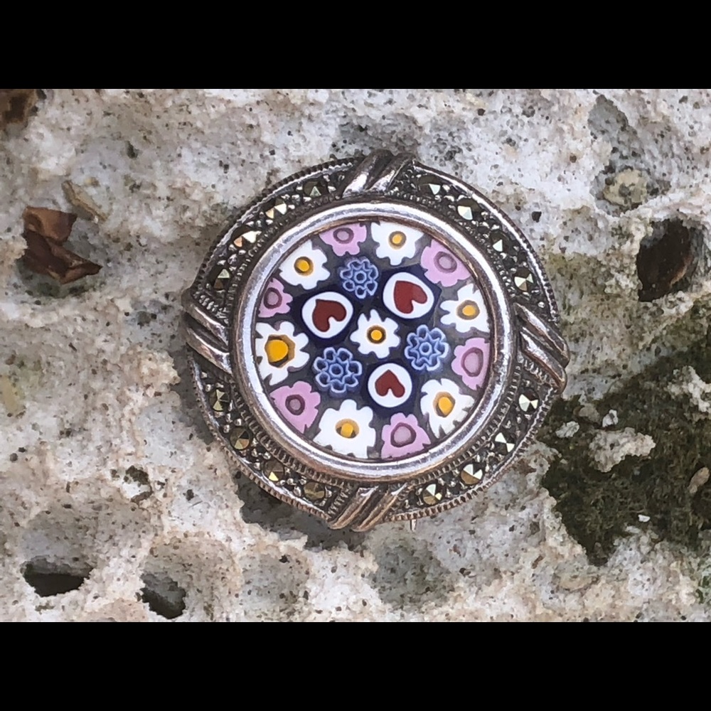 Sterling silver, marcasite and miliefiore pin